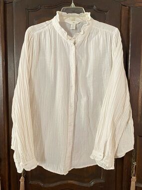 Cotton gauze ruffle collar button front long sleeve ivory blouse H&M L bust ≈ 23